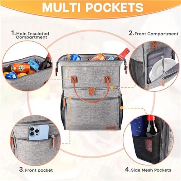 Cooler Backpack 30 Cans Insulated Leakproof Cooler Bag, Waterproof (Grey) - Picture 2 of 7